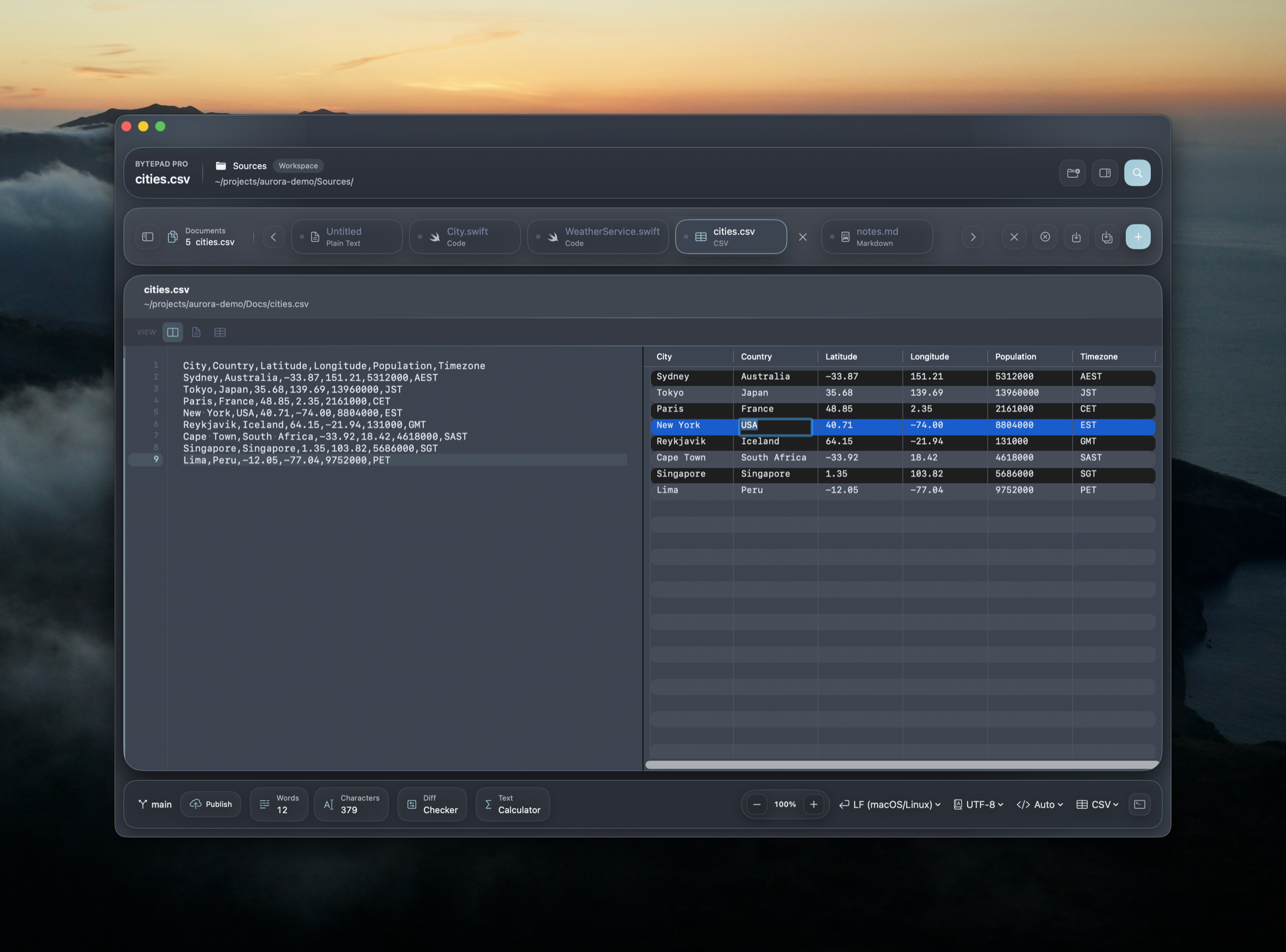 BytePad editing a CSV file inline as a table next to the raw text