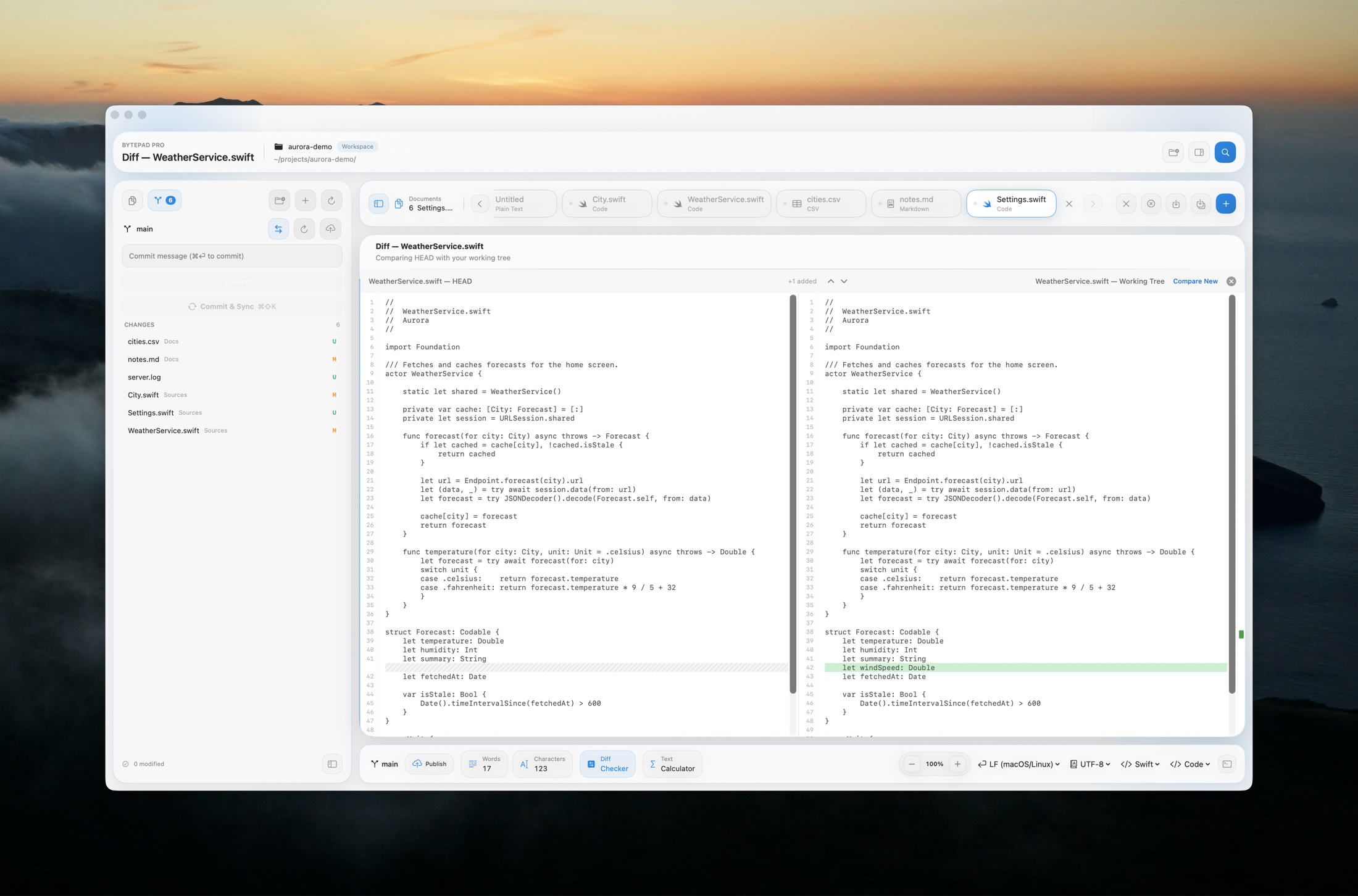 BytePad diff view comparing a file against HEAD with word-level change highlighting