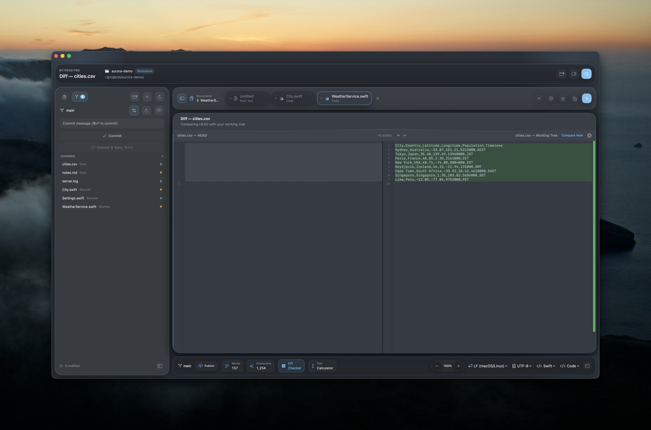 BytePad Pro Source Control panel with changed files, commit message box, and Commit & Sync