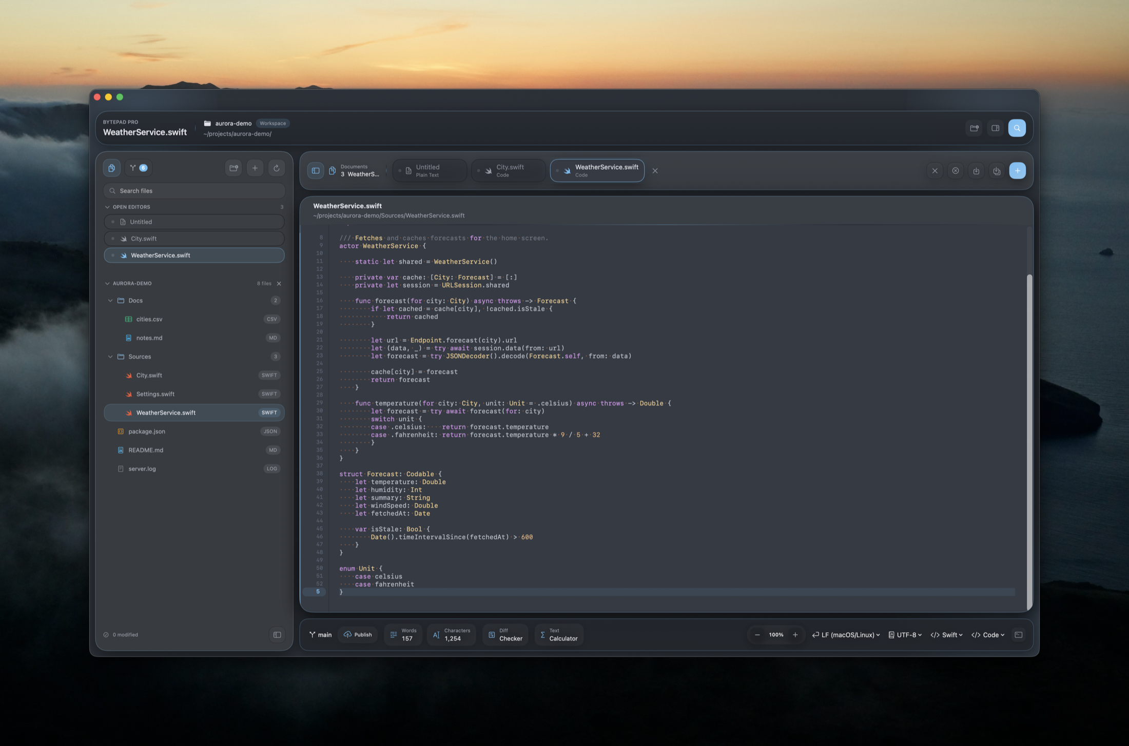 BytePad Pro 3.0 editing a Swift project with the workspace sidebar open