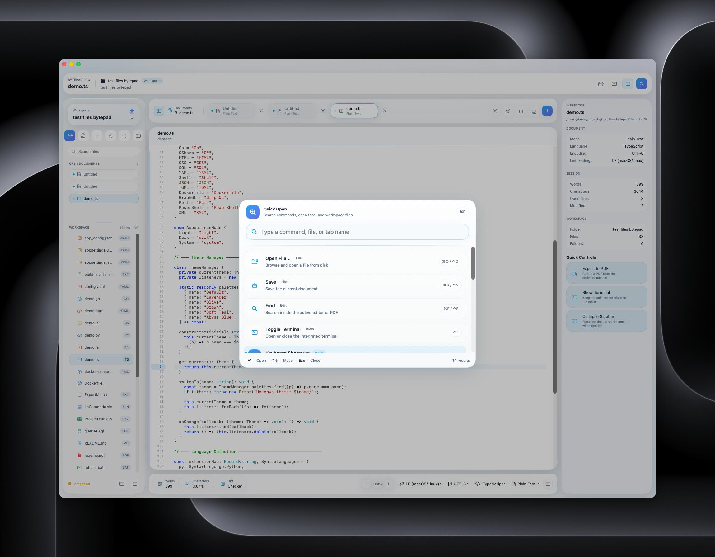 BytePad v2 — Quick Open command palette with file search and actions