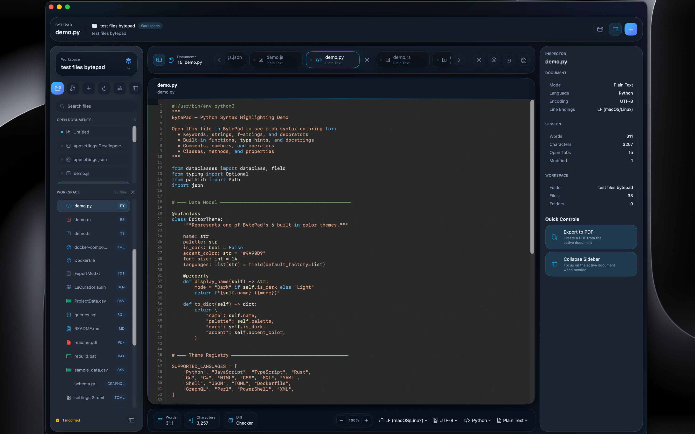 BytePad v2 — Full editor with file browser, syntax highlighting, inspector panel, and integrated terminal