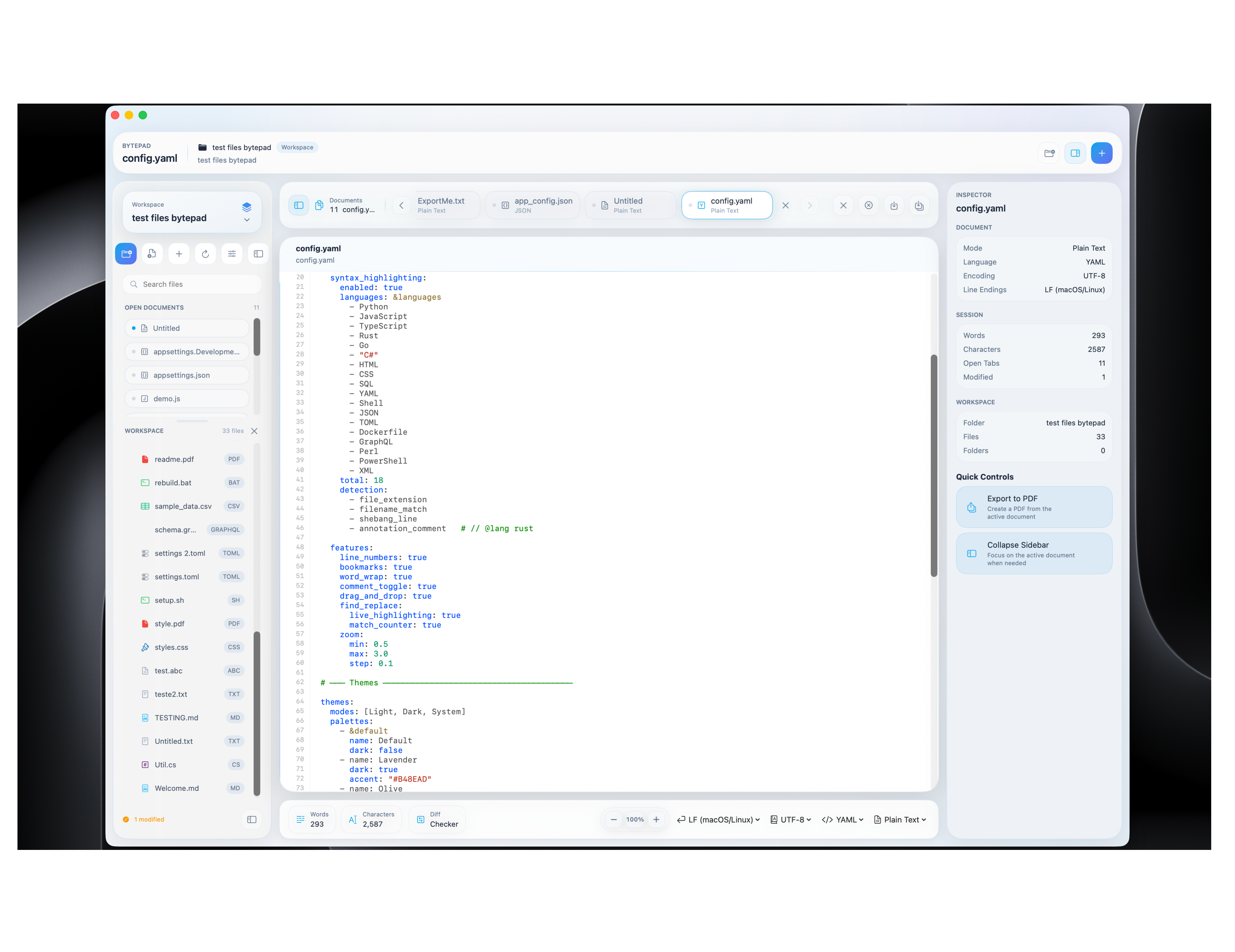BytePad v2 — YAML config editing in light theme with sidebar and inspector