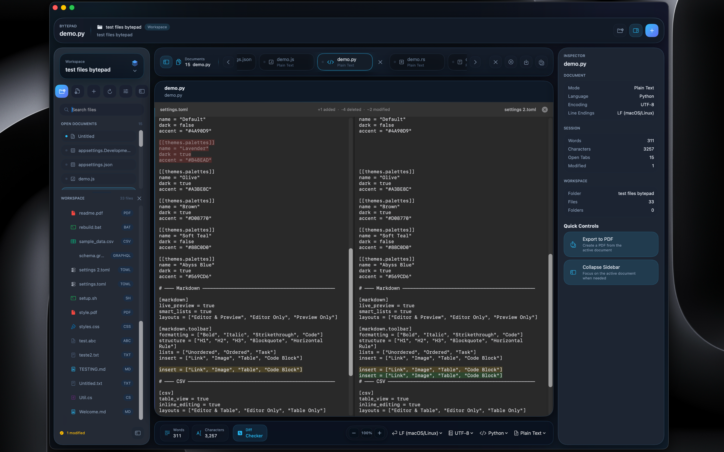BytePad v2 — Side-by-side diff checker comparing two files