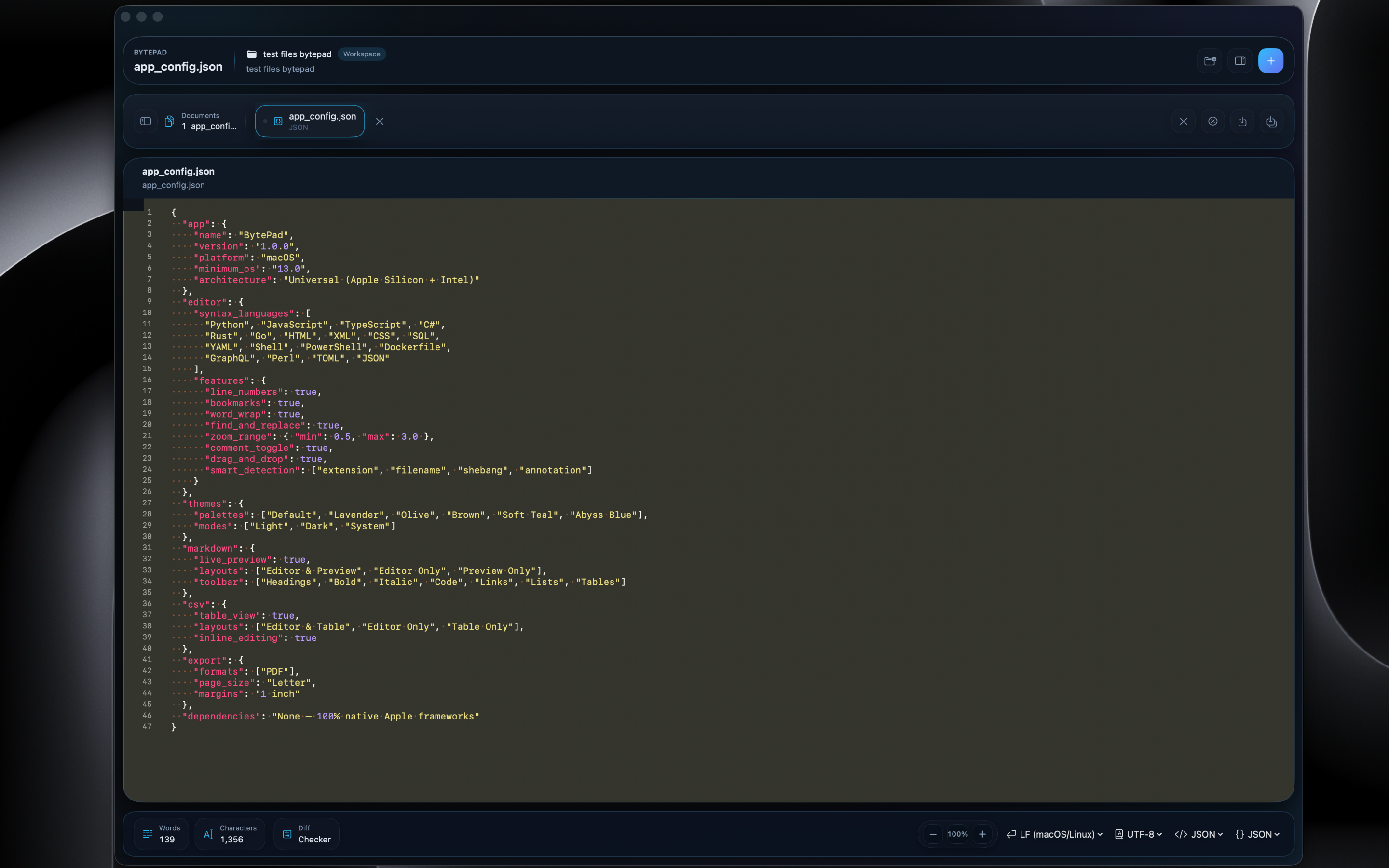 BytePad v2 — JSON editing in olive theme