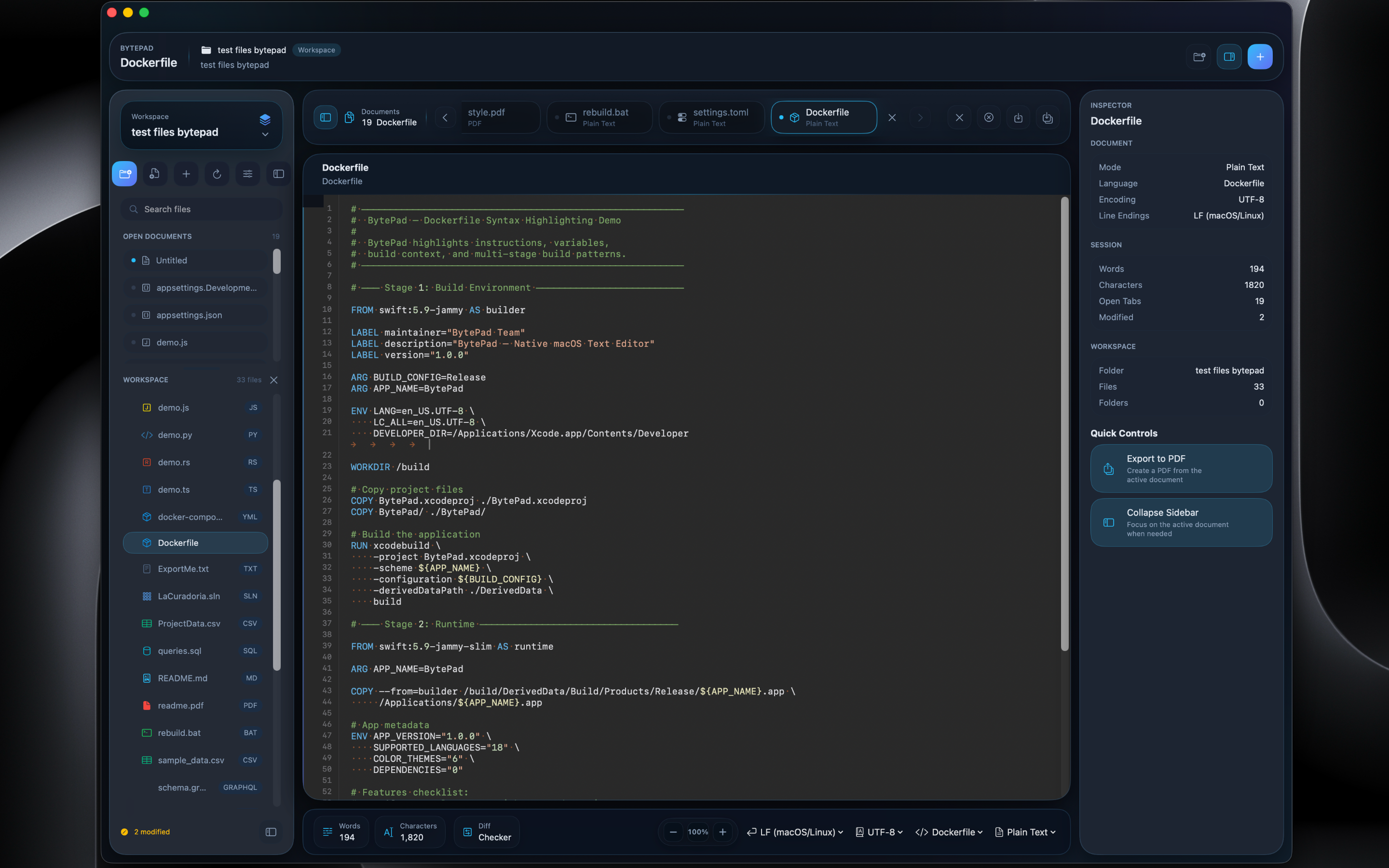 BytePad v2 — Dockerfile editing with syntax highlighting and sidebar