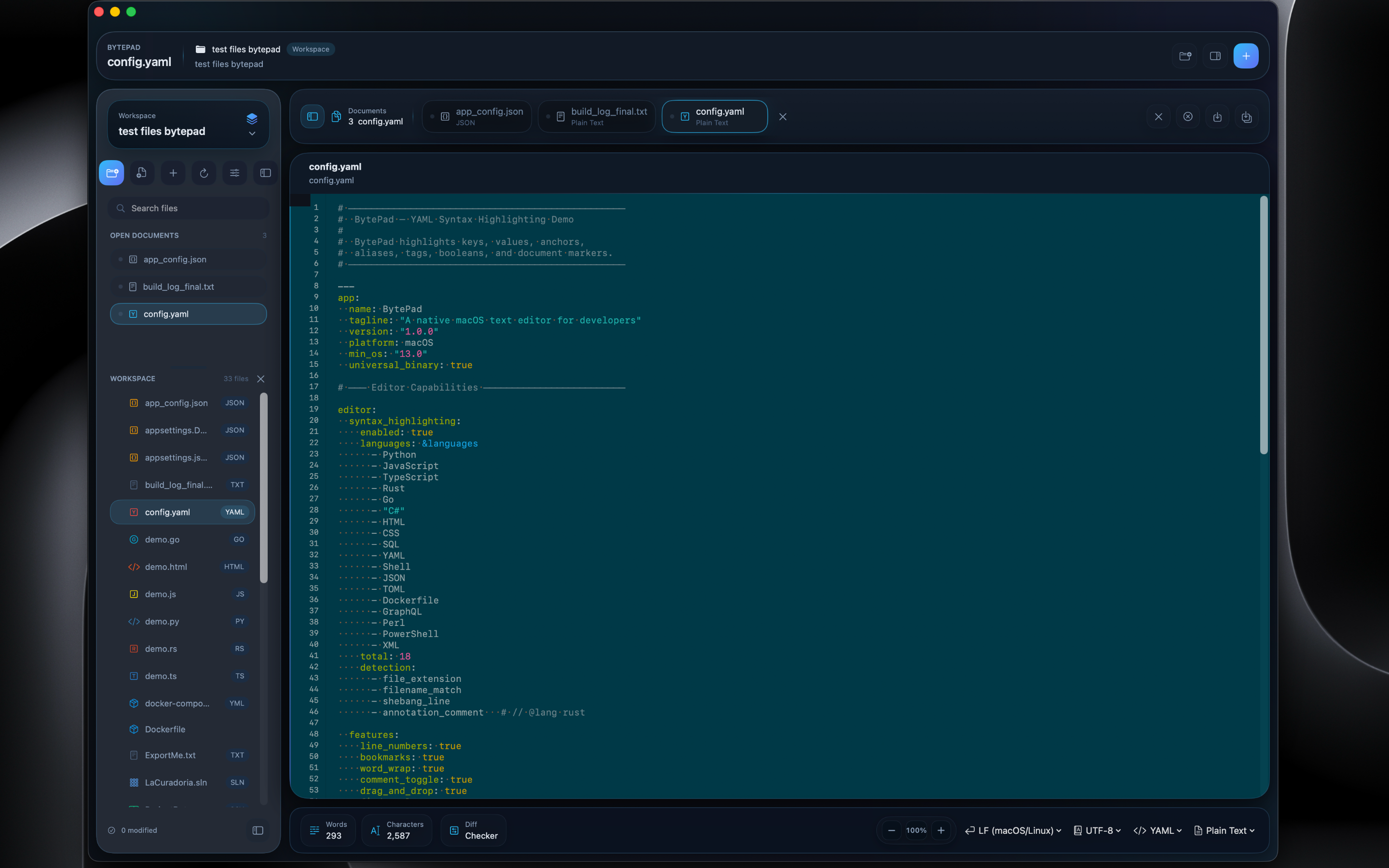 BytePad v2 — YAML editing in Soft Teal theme with sidebar
