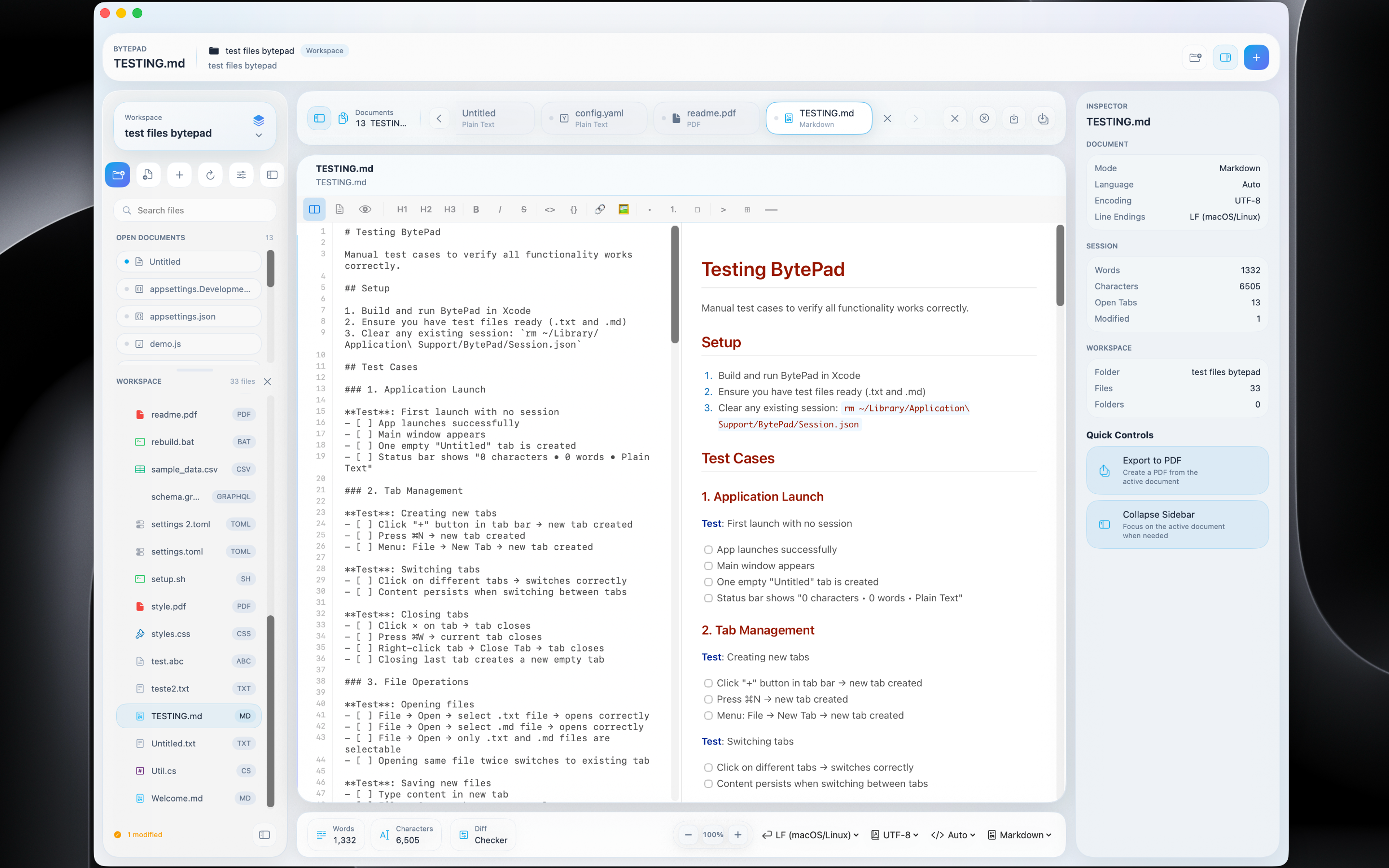 BytePad v2 — Markdown split view with live preview in light theme