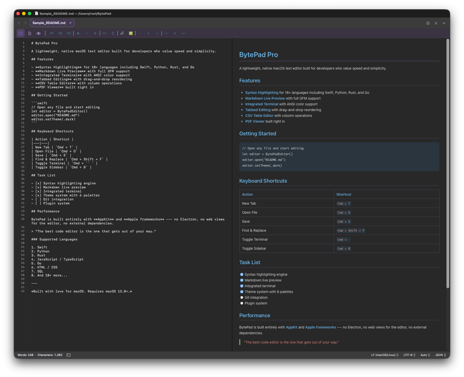 BytePad Pro — Markdown editing with live side-by-side preview